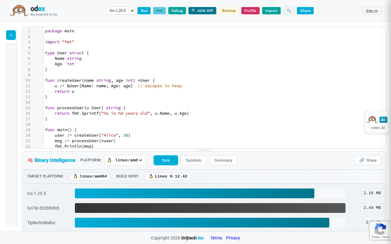 Binary size comparison across Go versions