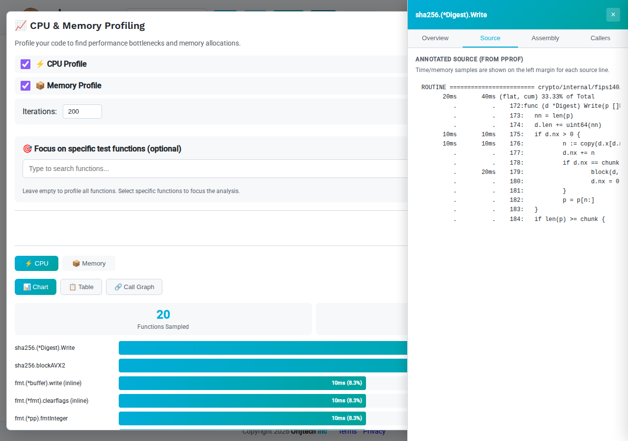 Annotated source code with timing